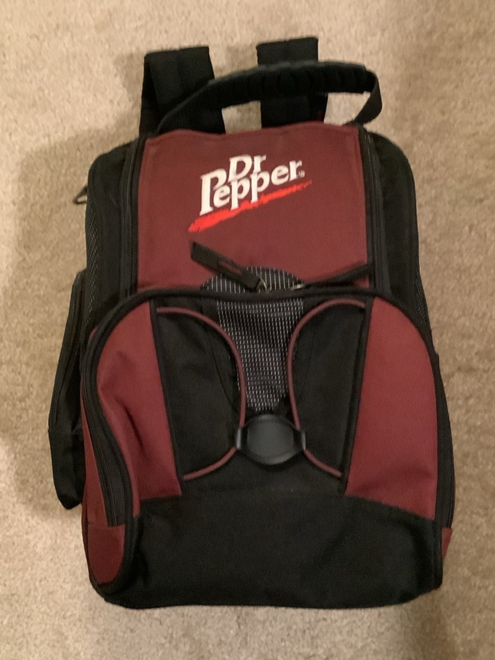 Dr Pepper Branded Burgundy and Black Travel Backpack cooler
